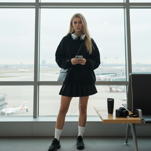 Девушка в худи БЕЗДNА в аэропорту