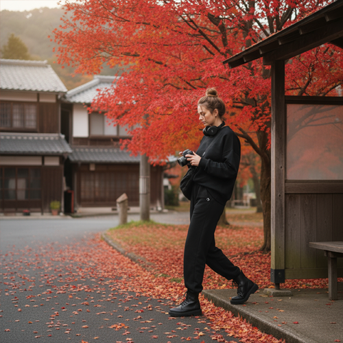Девушка в свитшоте БЕЗДNА под кленами в Японии