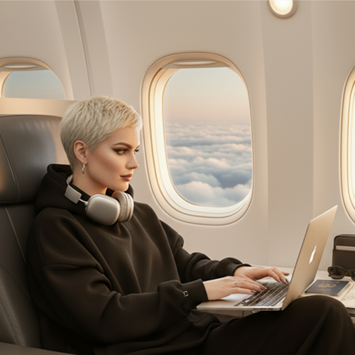 Девушка в худи БЕЗДNА работает за ноутбуком в самолете