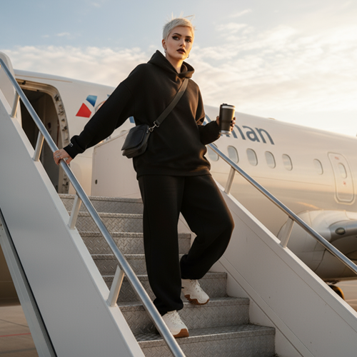 Девушка в черном худи БЕЗДNА в бизнес-классе самолета