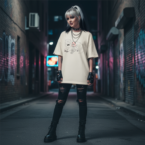 Девушка в бежевой футболке с принтом, чёрных рваных джинсах и цепях, в узком переулке с неоном