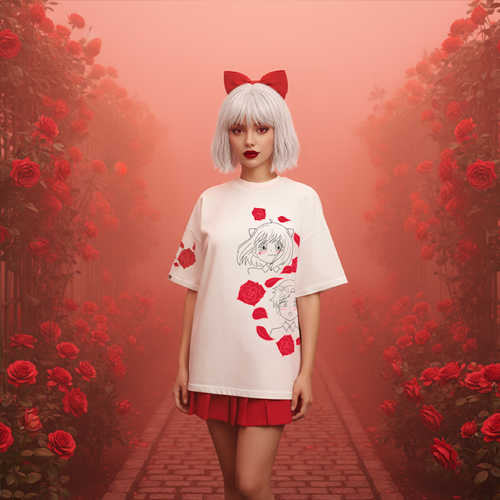 Девушка в белой футболке с красным принтом из аниме, стоящая среди алых роз