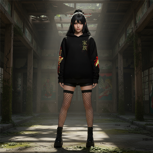 Черное худи с иероглифами и пламенем на рукавах в интерьере старого японского храма