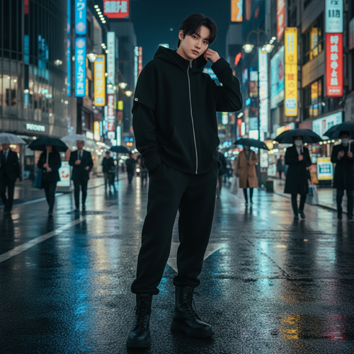 Мужчина в образе БЕЗДNА стоит в центре улицы, окружённый светом витрин