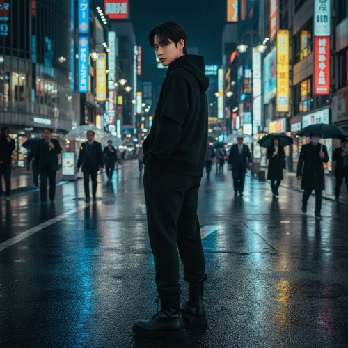 Профиль мужчины в худи БЕЗДNА, отражающемся в неоновых огнях города