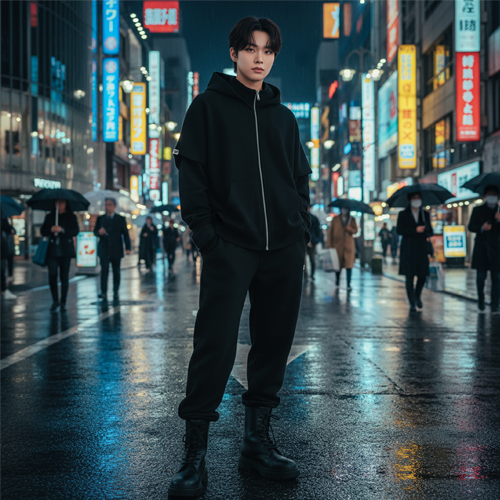 Мужчина в чёрной зип-худи БЕЗДNА стоит на освещённой улице Токио