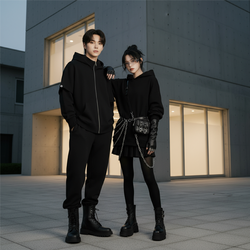 Парный образ в стиле БЕЗДNА: худи и брюки у него, худи и юбка у неё