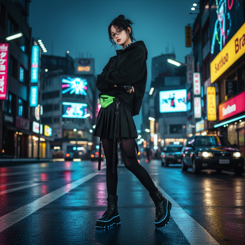 Образ БЕЗДNА в уличной съёмке — девушка в чёрном на фоне неона