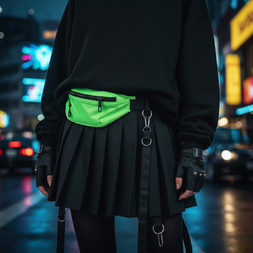 Модель в чёрном худи с зелёной поясной сумкой в ночном городе