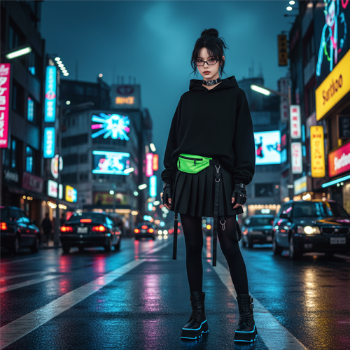 Уличный образ в стиле БЕЗДNА — чёрный худи и юбка в неоновых огнях города