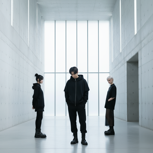 Total black от БЕЗДNА: зип-худи с горлом, джоггеры, oversize футболка и юбка с сеткой в архитектурном интерьере