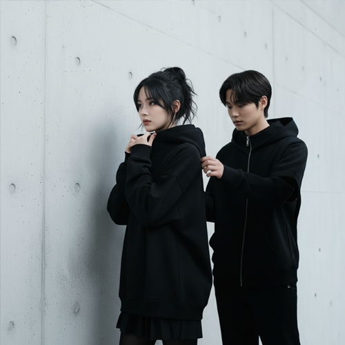 Минималистичный образ в стиле БЕЗДNА: черный худи, брюки и юбка-сетка