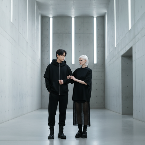 Три модели в базовых образах БЕЗДNА: худи, брюки, юбка