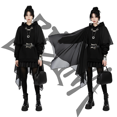 Худи с шифоновым кейпом и поясом — архитектурный образ от БЕЗДNА