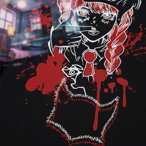 аниме-принт крупным планом с героиней и красными акцентами