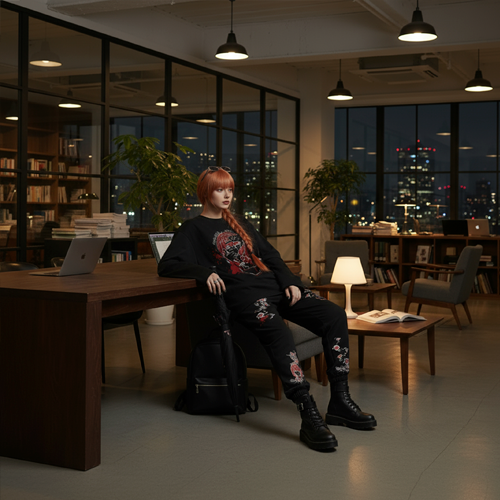 девушка в одежде БЕЗДNА сидит в офисе, сосредоточена на работе