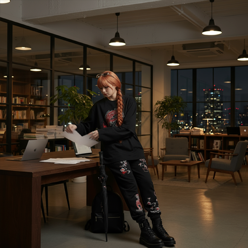 девушка в одежде БЕЗДNА на фоне ночного города, отражение в окнах