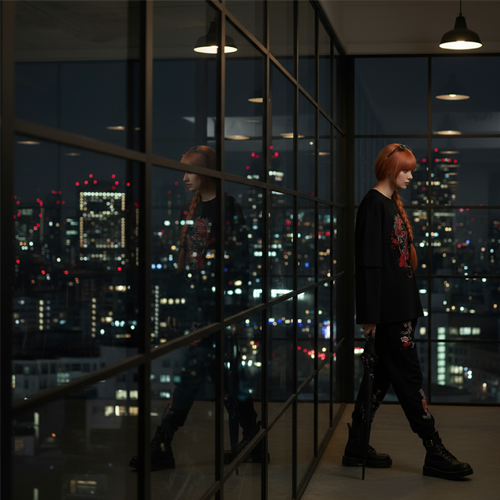 девушка в черном streetwear стиле работает за столом, вечерний офис